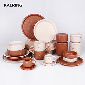 Dinner set with cave red matt glaze with golden decal printing for hot and family use