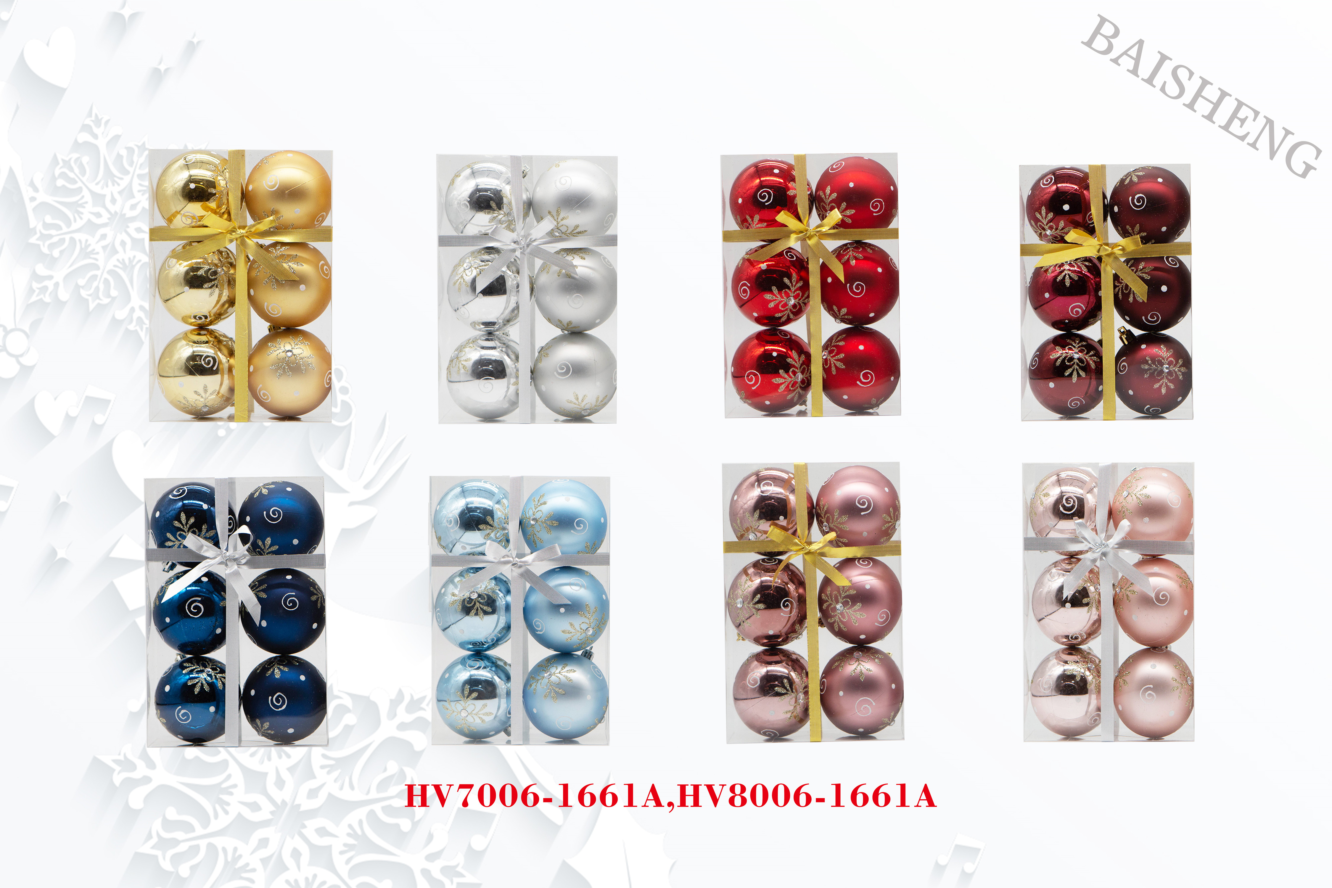 8cm Painted Christmas Balls, 6pcs In PVC Box With Ribbon