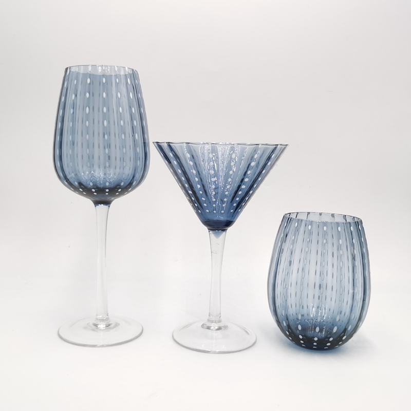 Solid color dots blown wine glasses set goblet matini stemless wine glass