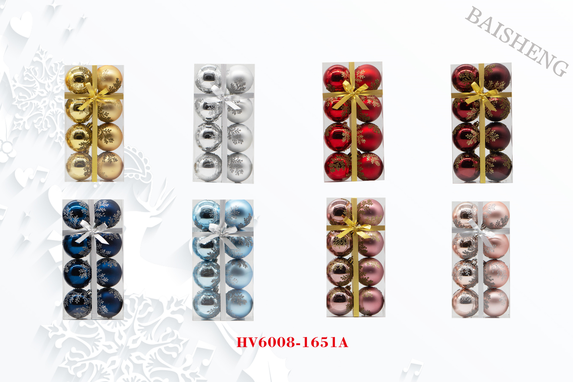 6cm Painted Christmas Balls, 8pcs In PVC Box With Ribbon