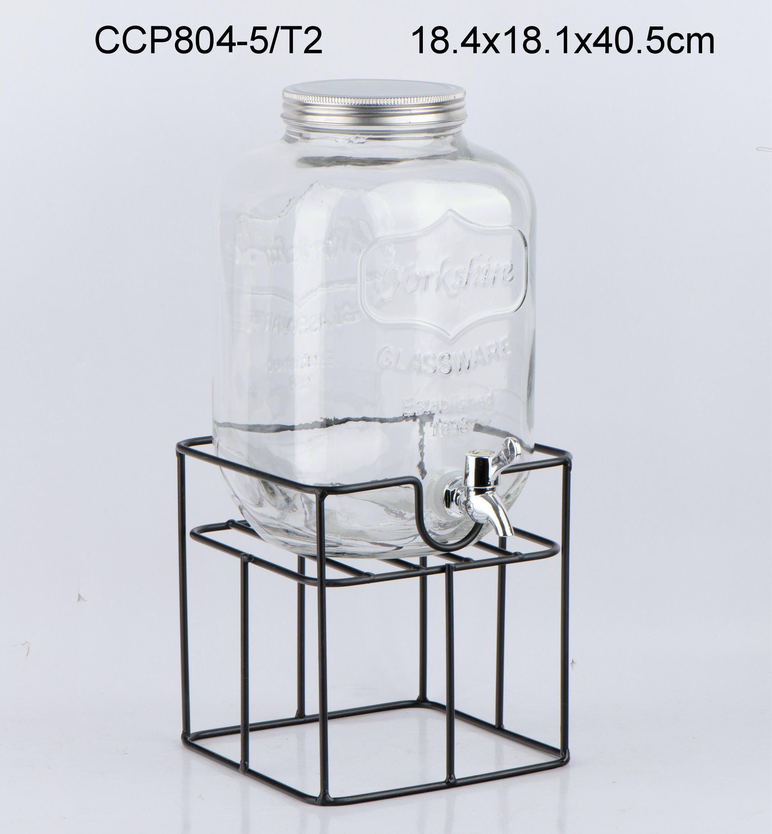 5L glass juice dispenser with metal rack and plastic tap