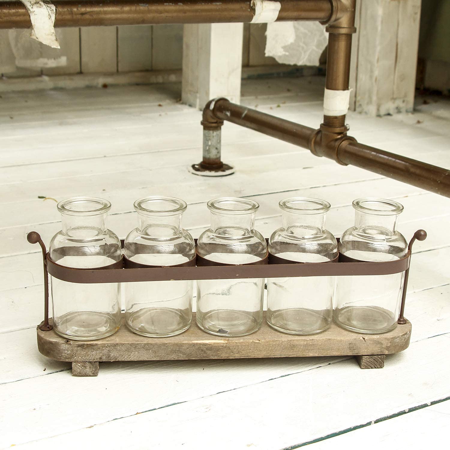 Rustic 5 Glass Bottles Flower Bud Vase Set with Wood Metal Tray