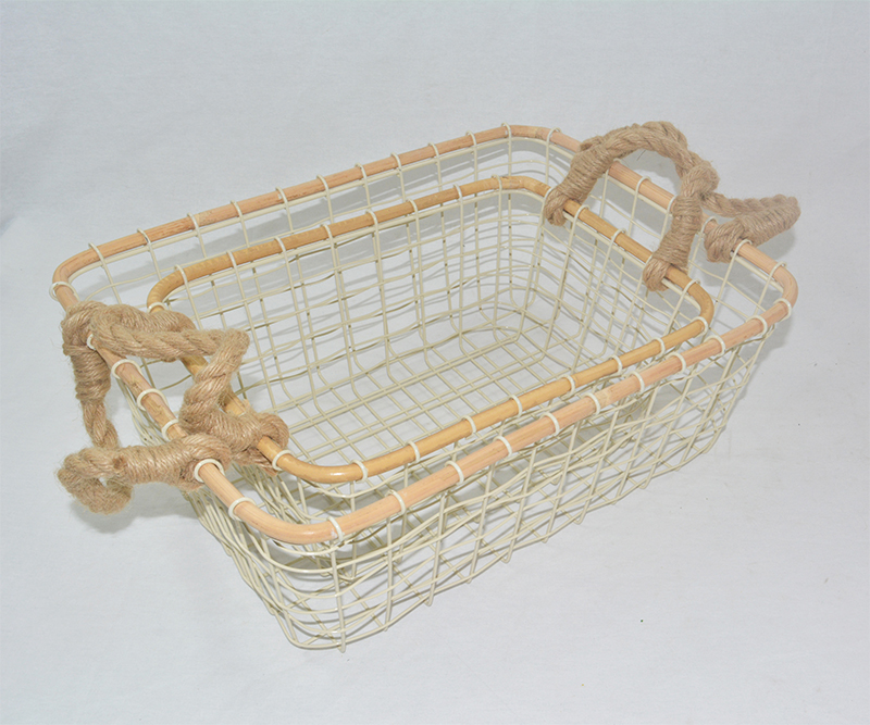 Wire storage basket with natural rattan trim and hemp lope handle set of 2
