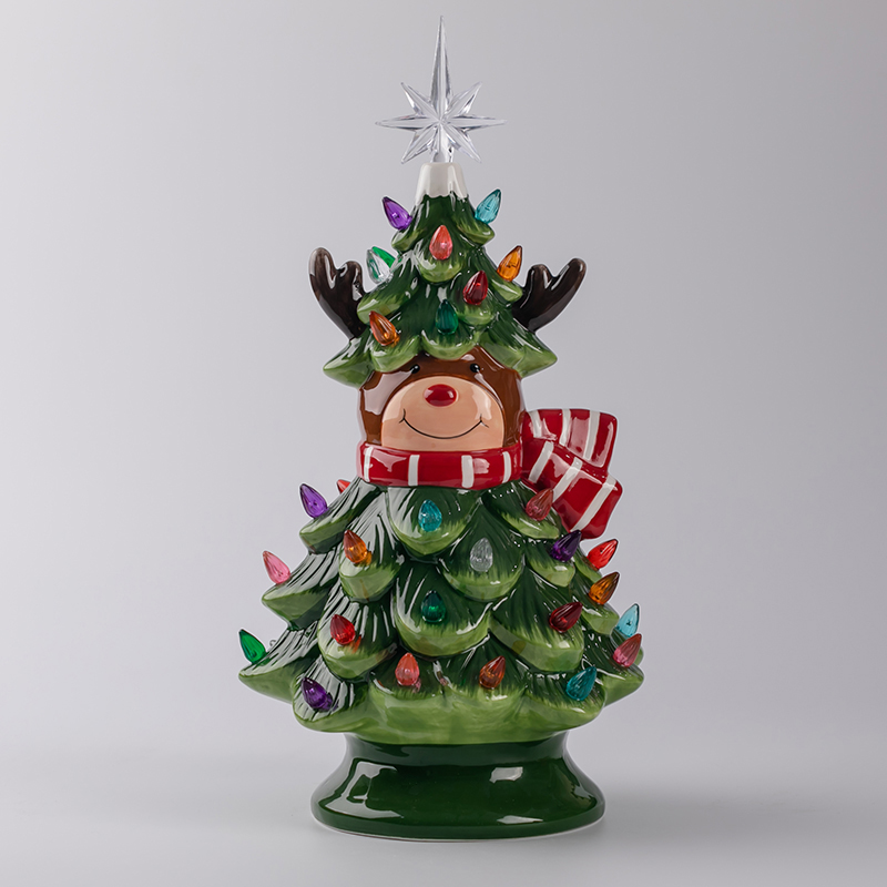 14.5 inch ceramic Christmas tree with reindeer face ceramic christmas decoration for desk