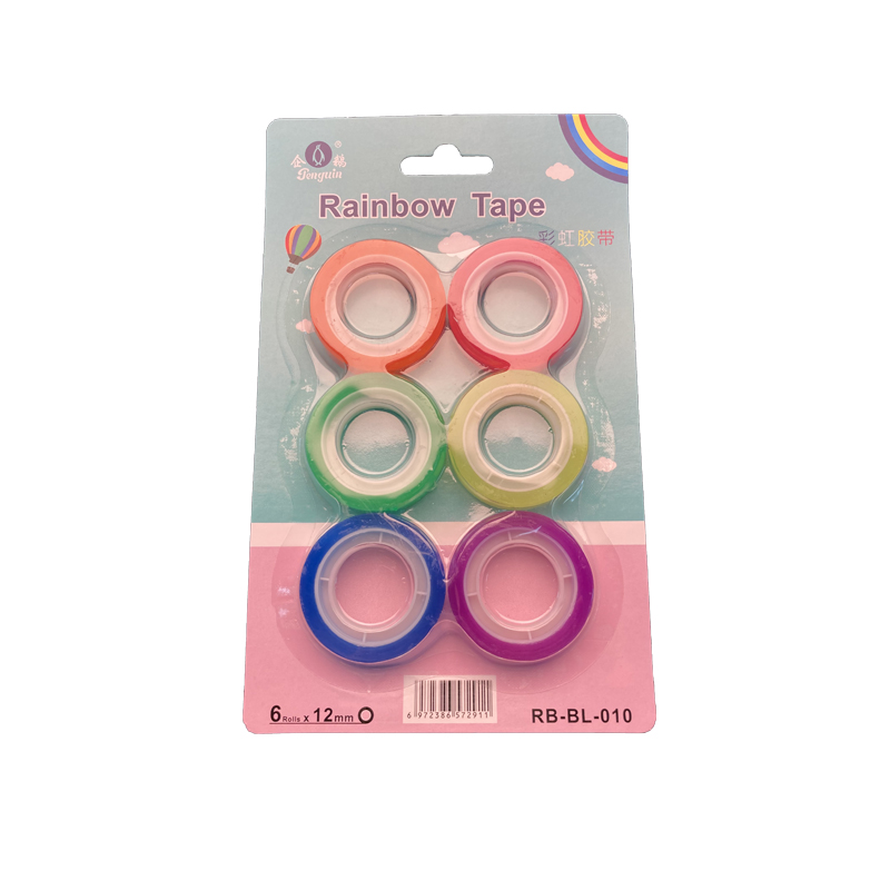 Rainbow color stationery tape for school office and home with 6 rolls 6 colors blister card (BL-010)