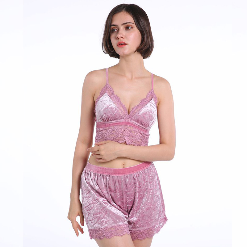 Ladies velvet lace soft cup bra and boyshort