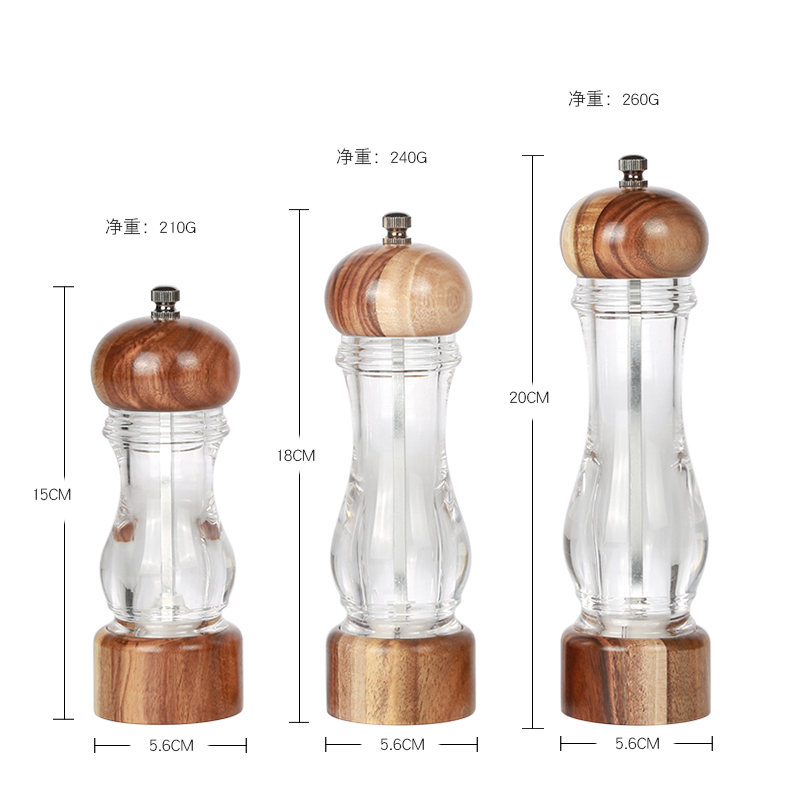 T-4004XS, T-4005XS, T-4006XS Acrylic pepper mill with acacia basic.