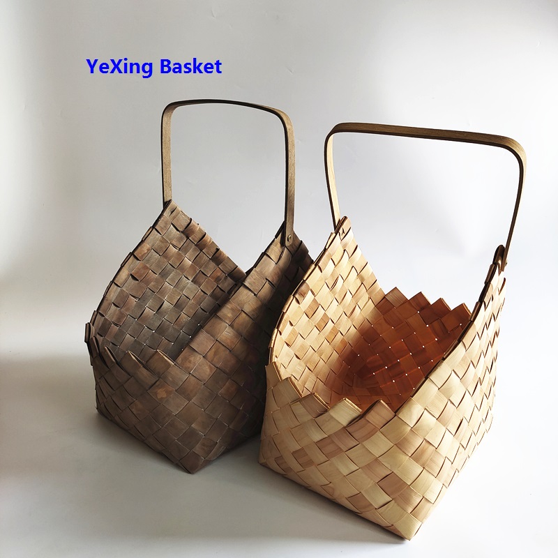 Large size storage chipwood basket with long handle