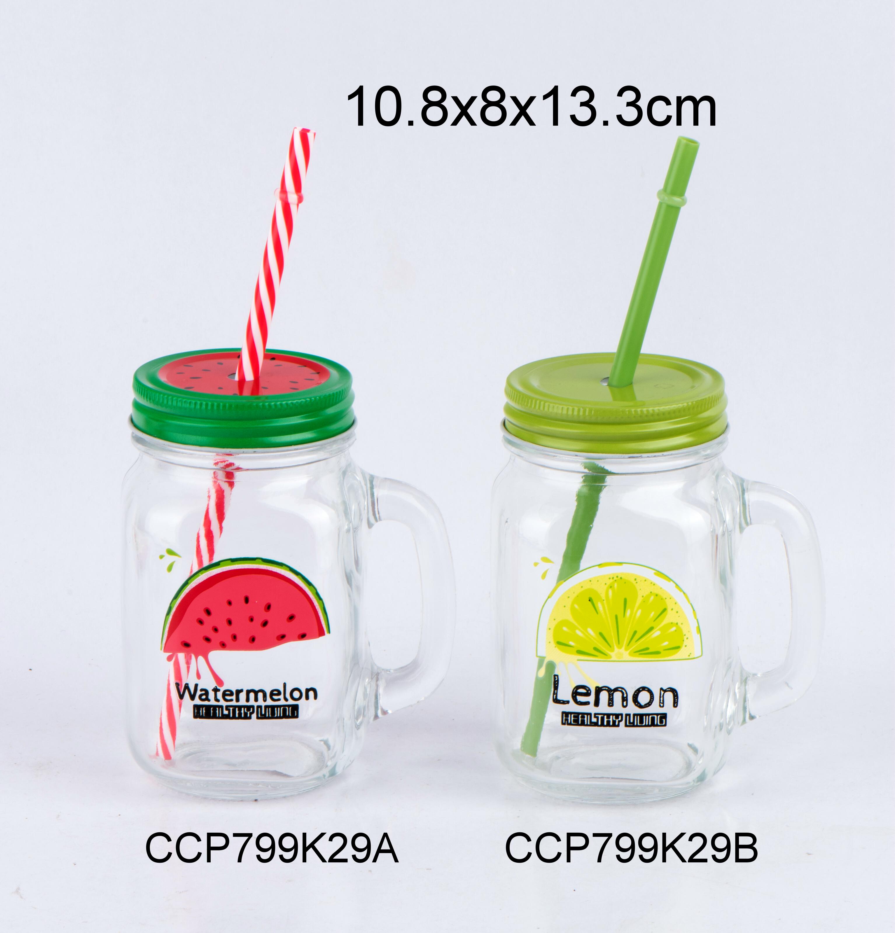 Glass juice mug with handle with straw and fruit design