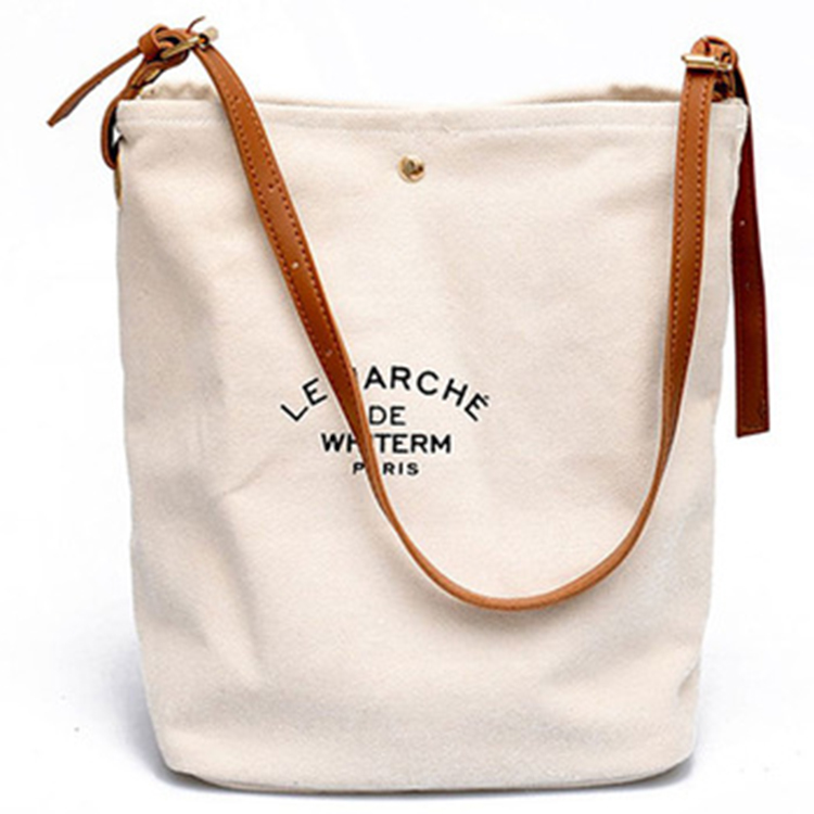 Fashion design custom logo color cotton canvas tote shoulder bags with brown leather handles