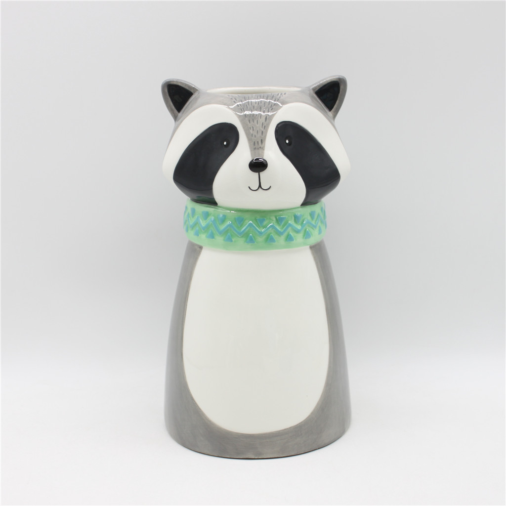 Ceramic raccoon flower receptacle, hand-painted animal flower receptacle