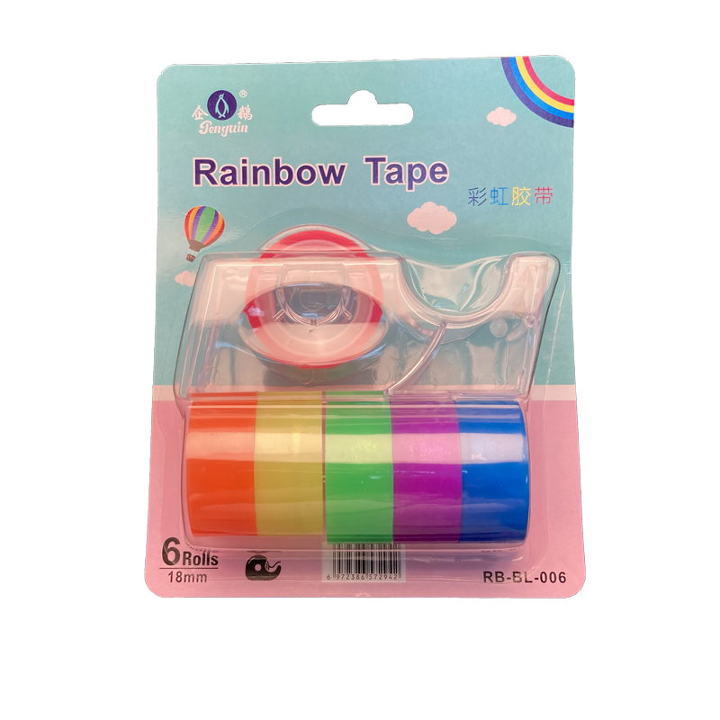 Rainbow Color Stationery Tape for handwork in school office and home with 6 rolls tape and dispenser(BL-006)