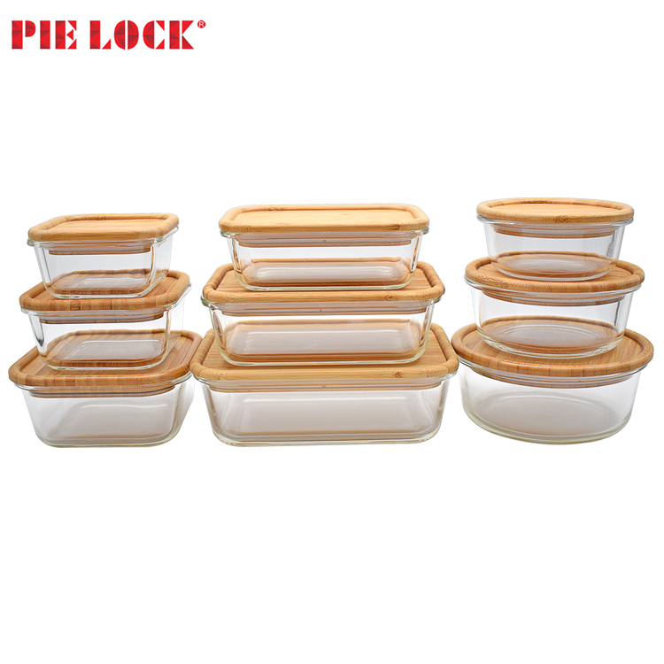 Glass food container with bamboo lid