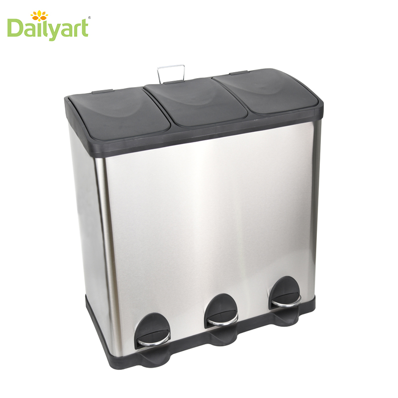 Stainless steel 3 three compartmented 60L recycle pedal bin