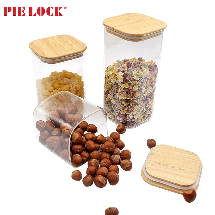 Square Shape High Borosilicate Glass Storage Food Jar With Bamboo Lid