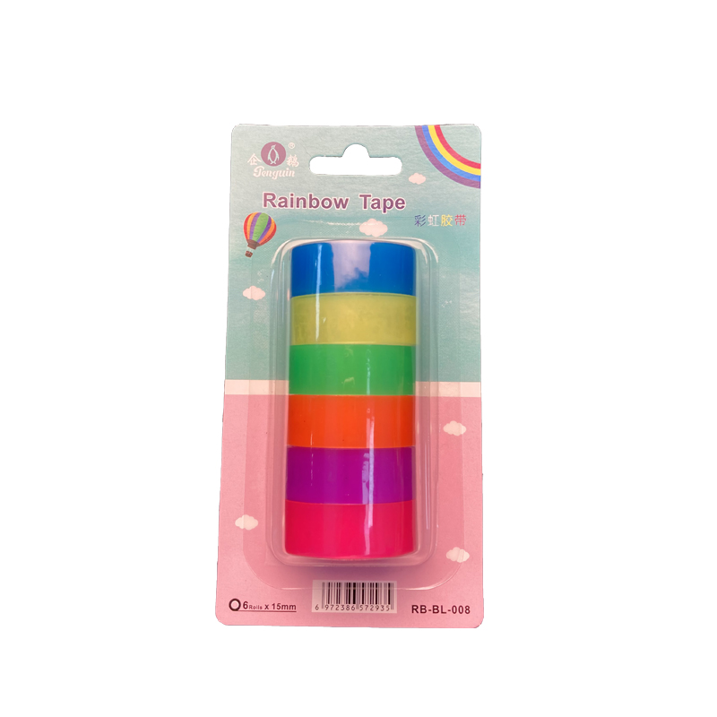 Rainbow 6 colors stationery tape with 6 rolls in blister card (BL-008)