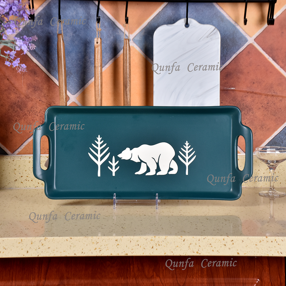 2020 Environmental theme forest bear design microwave safe porcelain heat resistant rectangular ceramic baking Pan