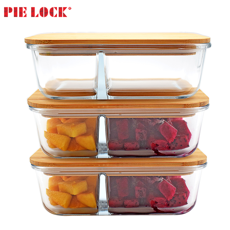2 compartments glass food container with bamboo lid