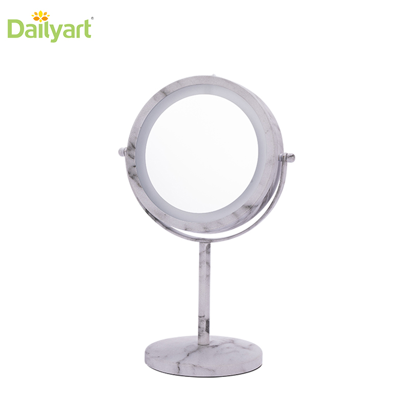 Bathroom desktop luxury marble pattern metal battery operated led cosmetic makeup mirror