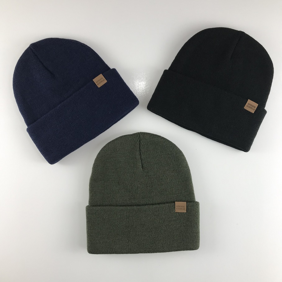 Men winter hats beanie with leather clip label