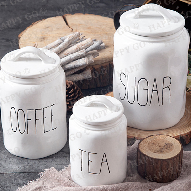 8.4x11.7cm 10.5x22cm 11.7x24.5cm dolomite sealed canister set with silk screen printing for tea,coffee sugar,etc