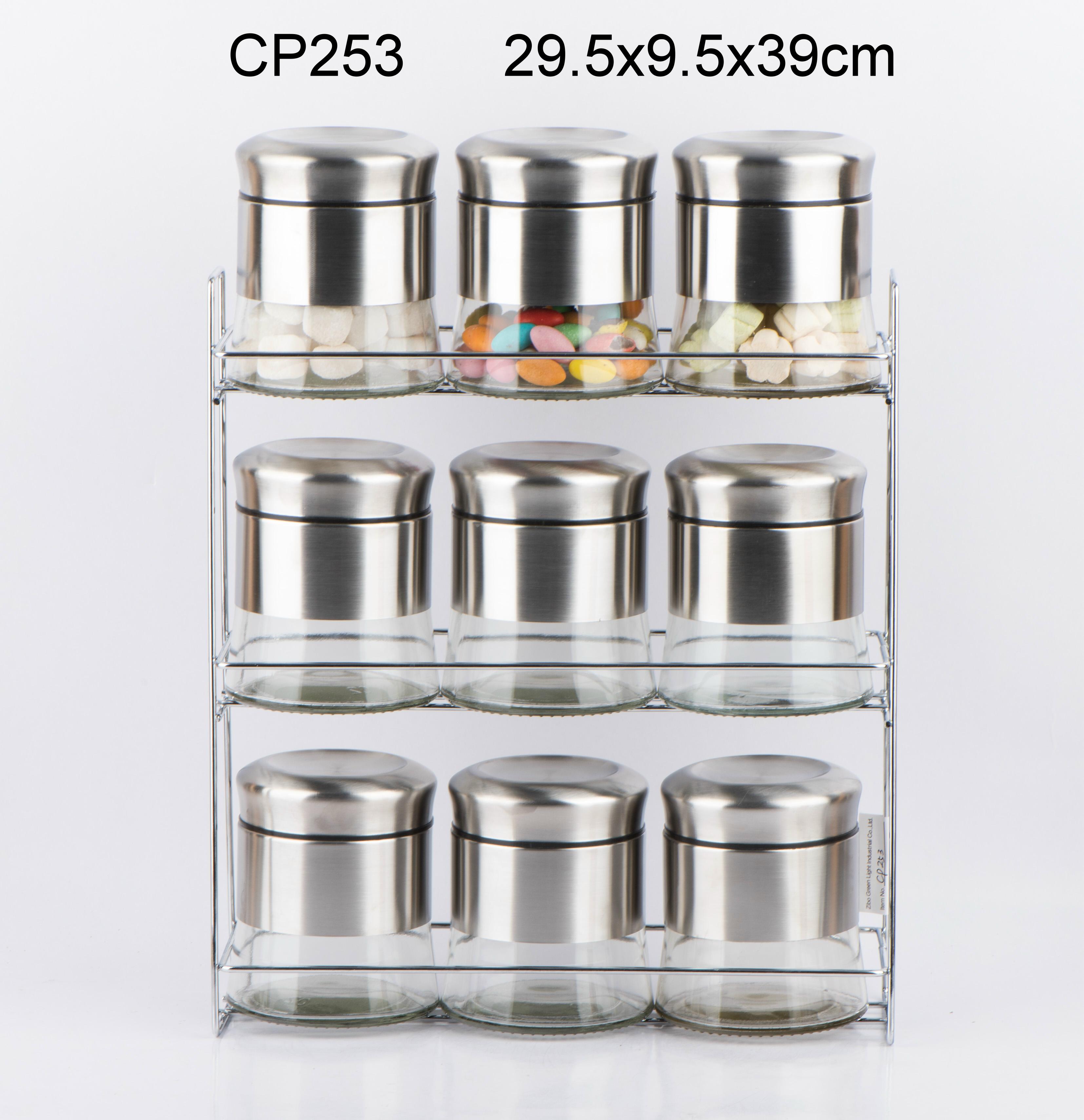 9pcs glass jar set with stainless steel casing and metal rack