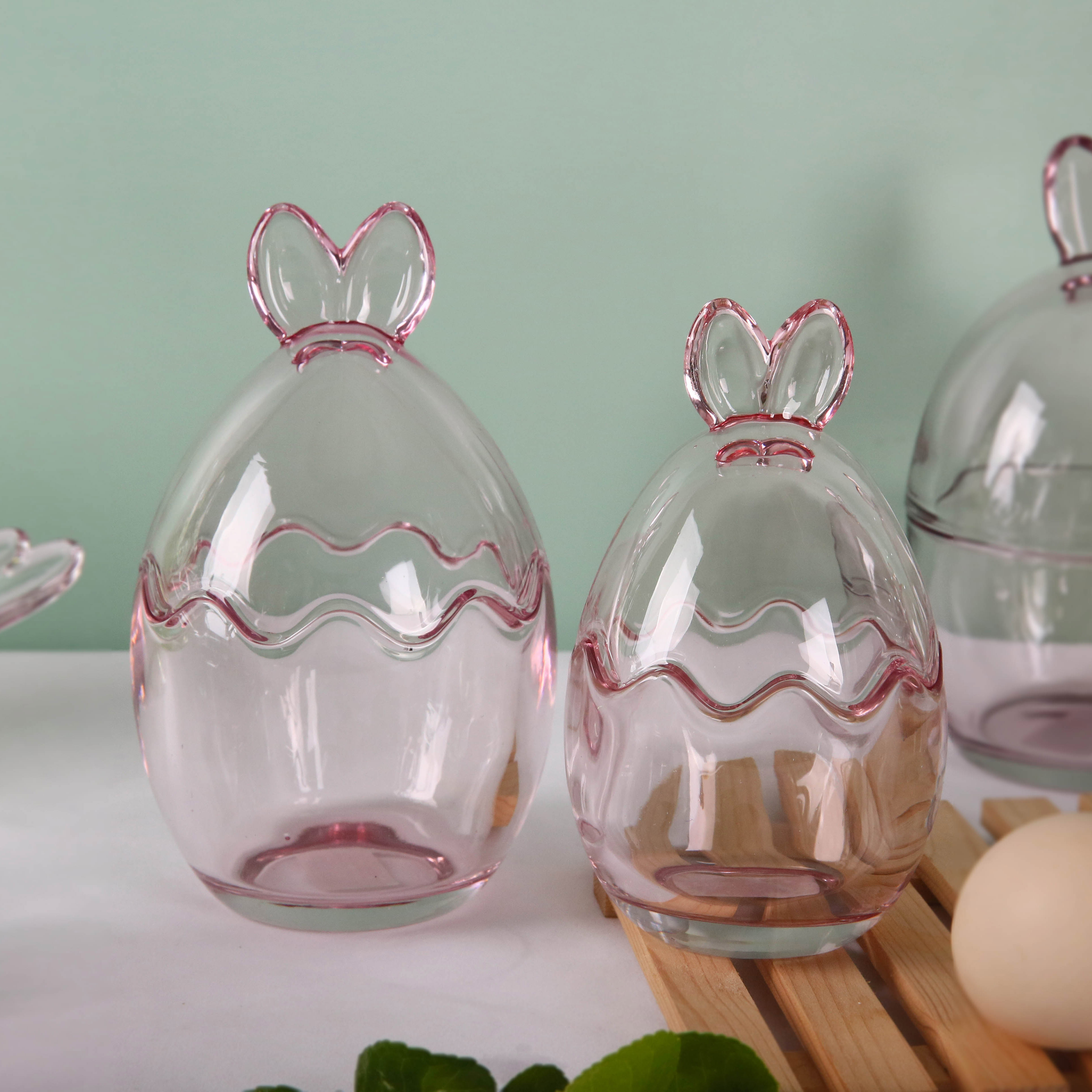 Easter Glass Bunny Glass Egg Cup Candy Jar Boiled Egg Holder S/2 For Breakfast Brunch, Kitchenware, Home Kitchen Decoration