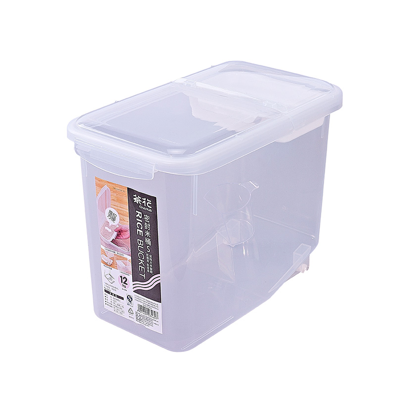 Plastic PP material clear & airtight cereal or rice bucket storage bin or panty storage container with wheels and measuring cup