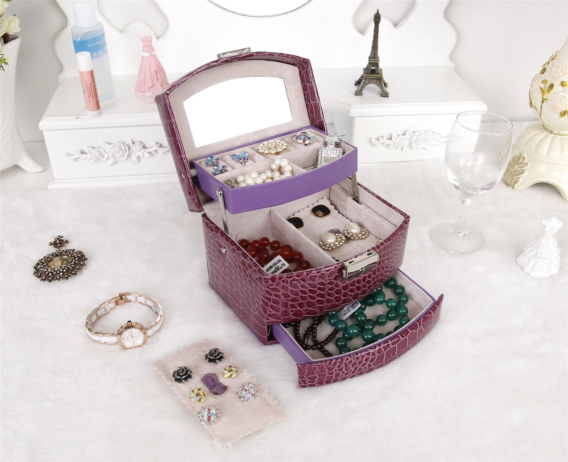 PU leather 3-layer jewelry storage box