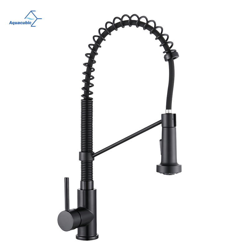 Aquacubic Factory Direct Lead Free Solid Brass Cupc Certified Deck Mounted Single Handle Pull Down Spring Black Kitchen Faucet