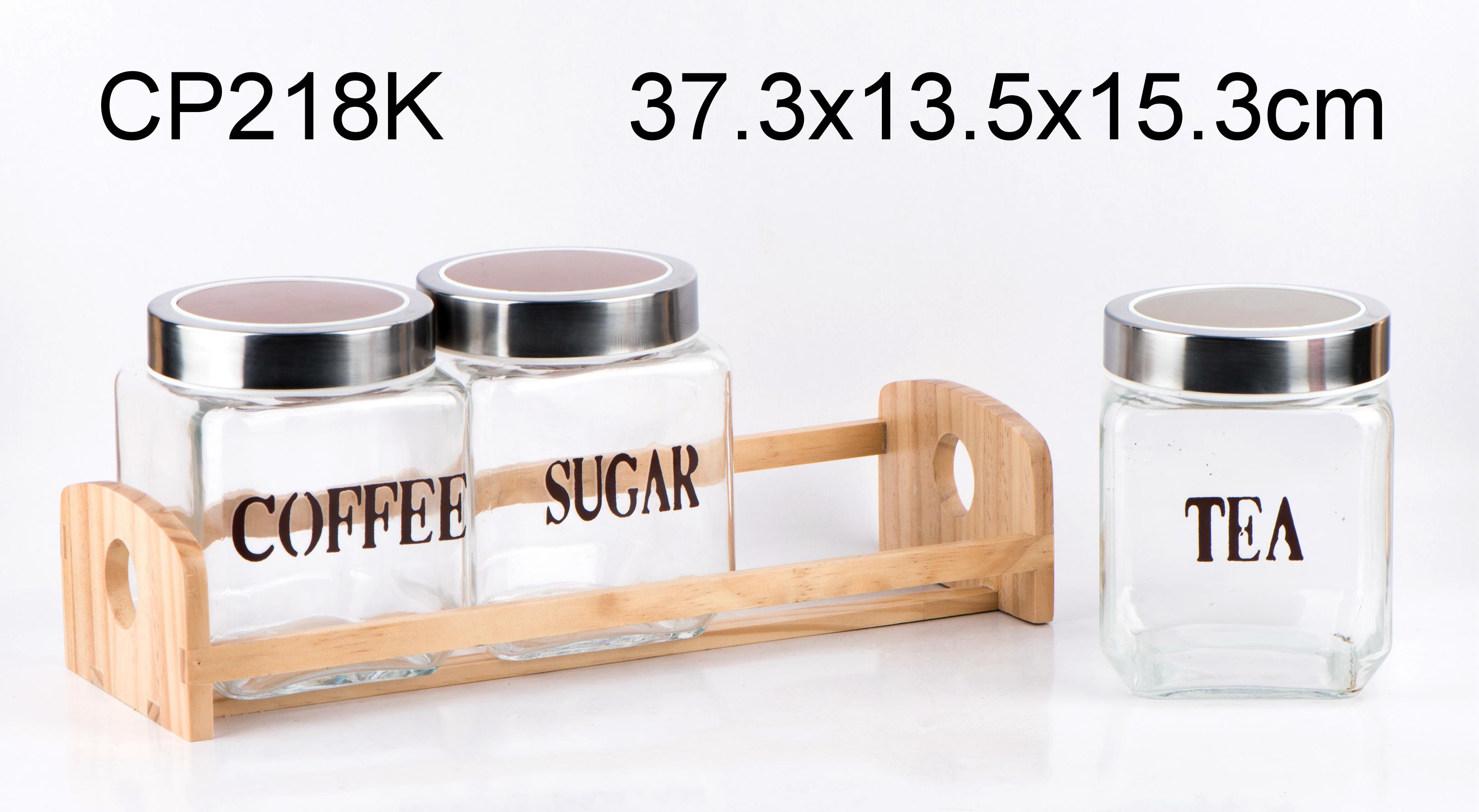 Glass food storage jar with stainless steel lid and wooden rack with printing