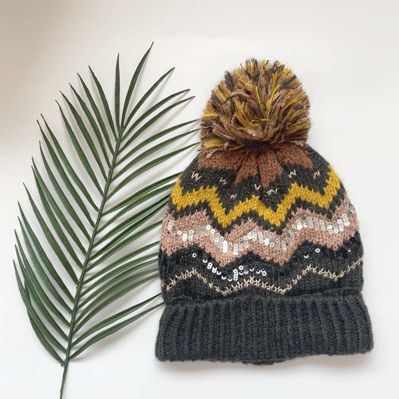 126195 Ladies Sequins Zigzag Weave Beanie with Jersey Lined