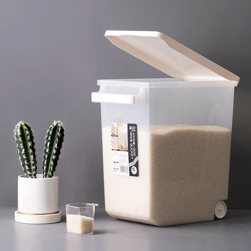 Plastic portable and mobile & clear cereal / rice bucket storage bin or panty storage container with wheels and measuring cup