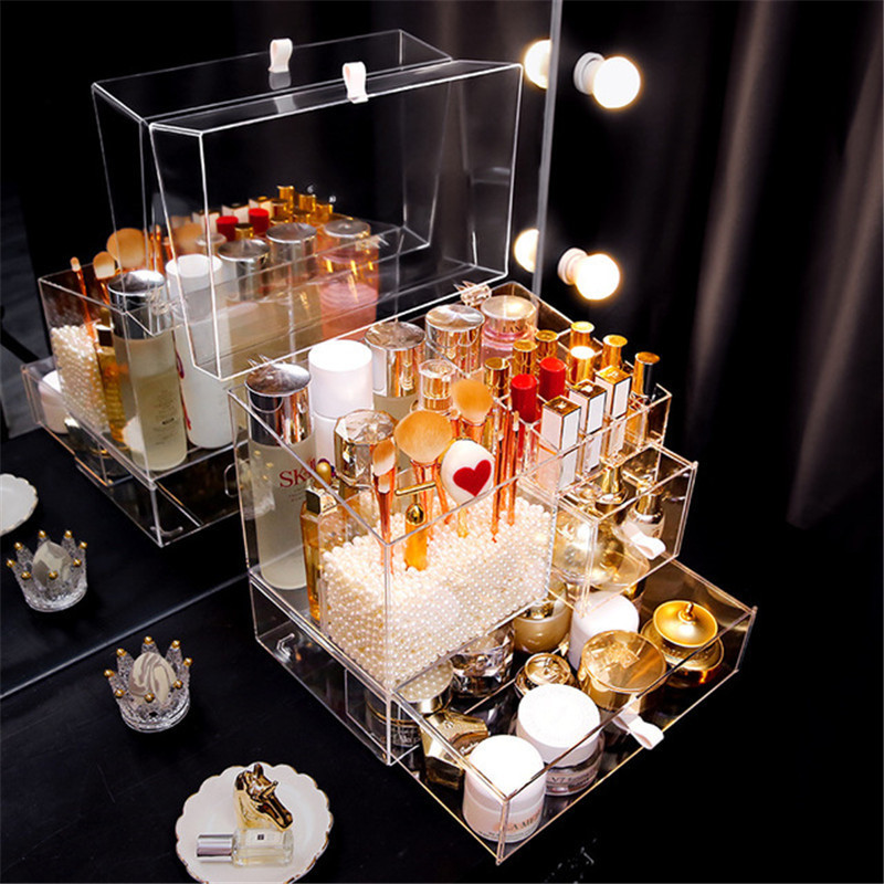 Transparent Acrylic Anti Dust Waterproof Makeup Brush Makeup Storage Box with Drawer
