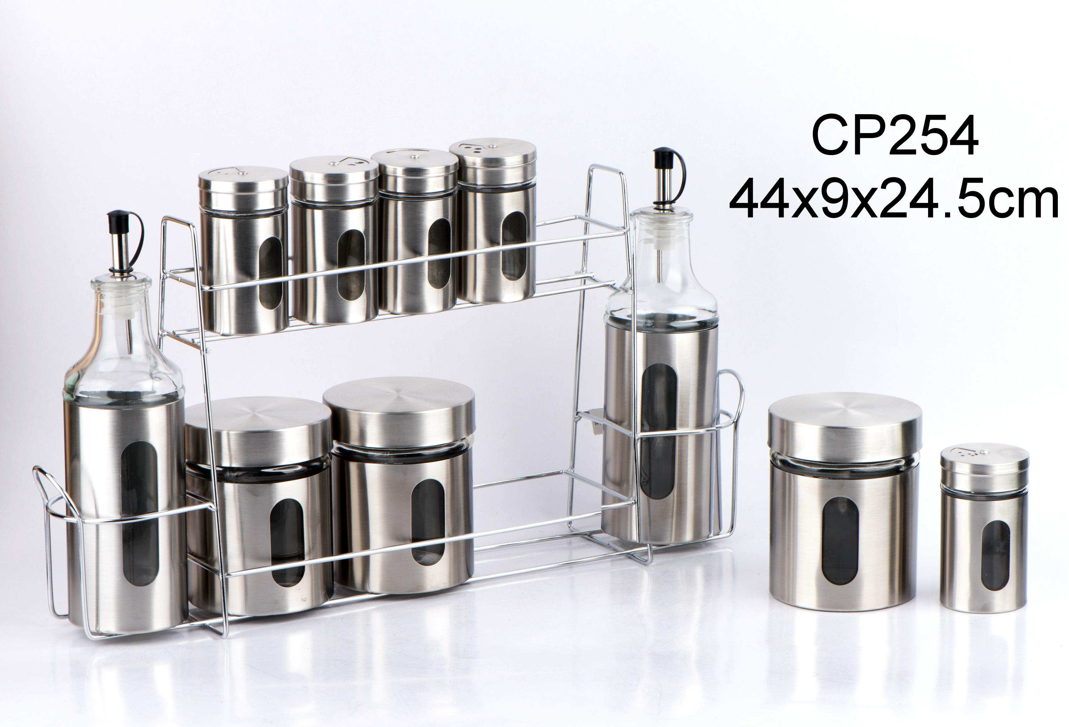 10pcs set glass food jar spice jar and oil bottle with stainless steel casing and metal rack