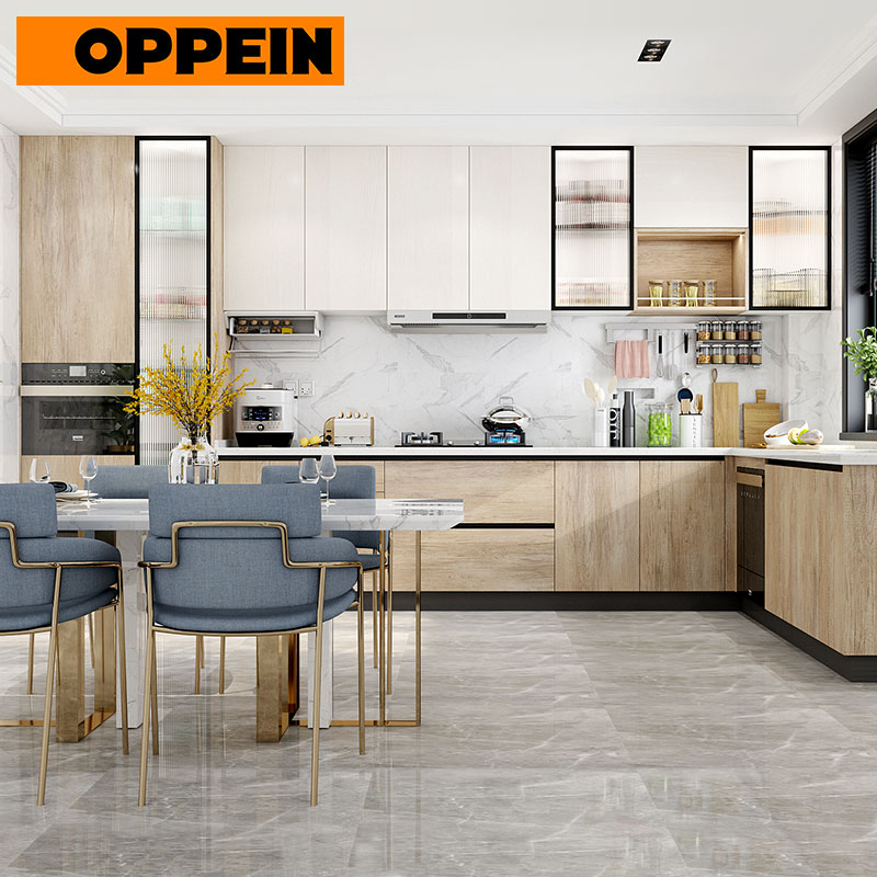 OPPEIN Modern Wood Grain Melamine Kitchen Cabinet