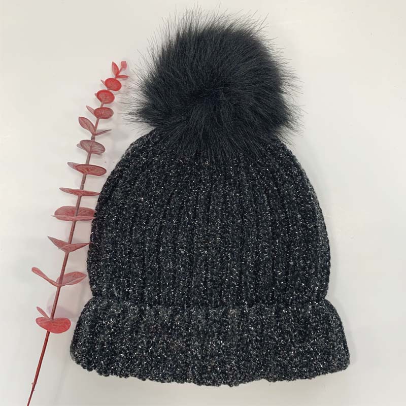 126772 Ladies Metallic Chenille Beanie with Fur Pom