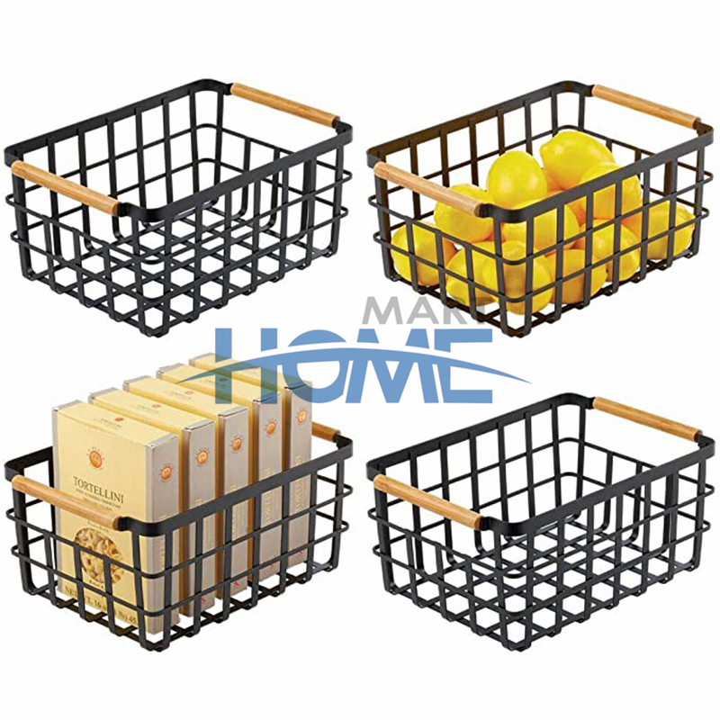 Household Wooden Handle Metal Wire Storage Baskets
