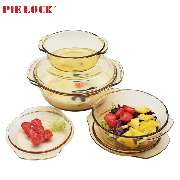 Hot Sale 3 Set Amber Glass Crystal Pot Heat Resistant Glass Casserole