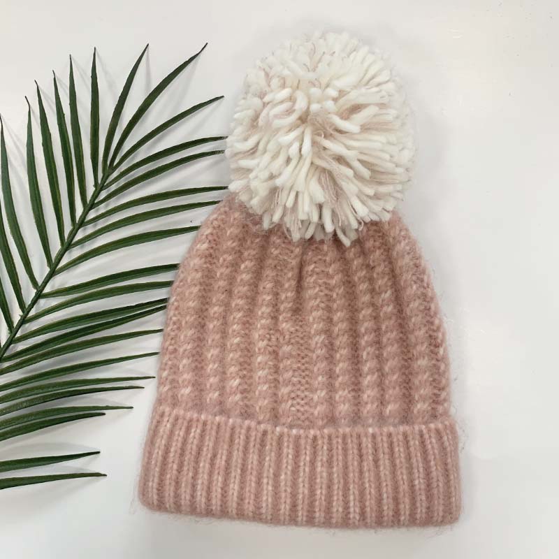 AWD-201070 Ladies Small Cable Knit Beanie with O/S Yarn Pom