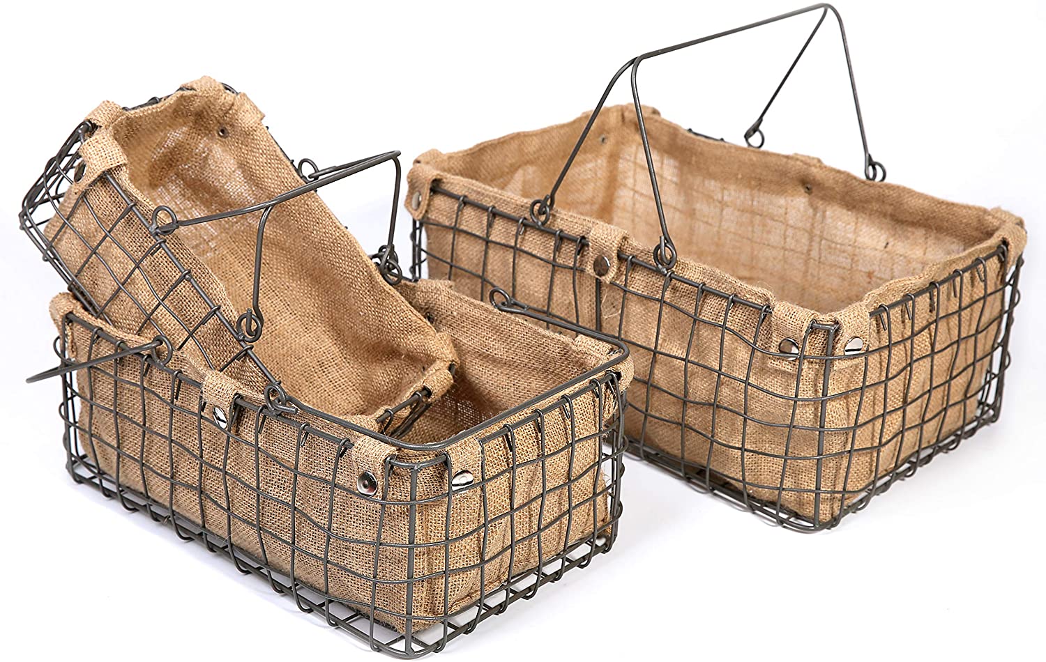 Decorative Vintage Grey Wire Baskets for Storage with Removable Fabric Liner