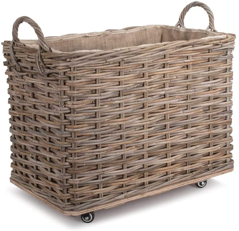 indoor outdoor Wheeled lined log basket with handle for firewood