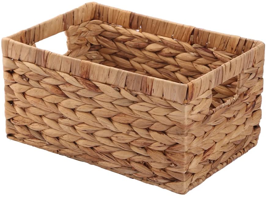 Rectangular Water Hyacinth Wicker Storage Baskets with Cutout Handles