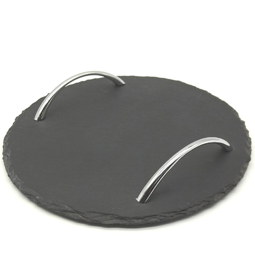 Slate stone serving tray round with handles