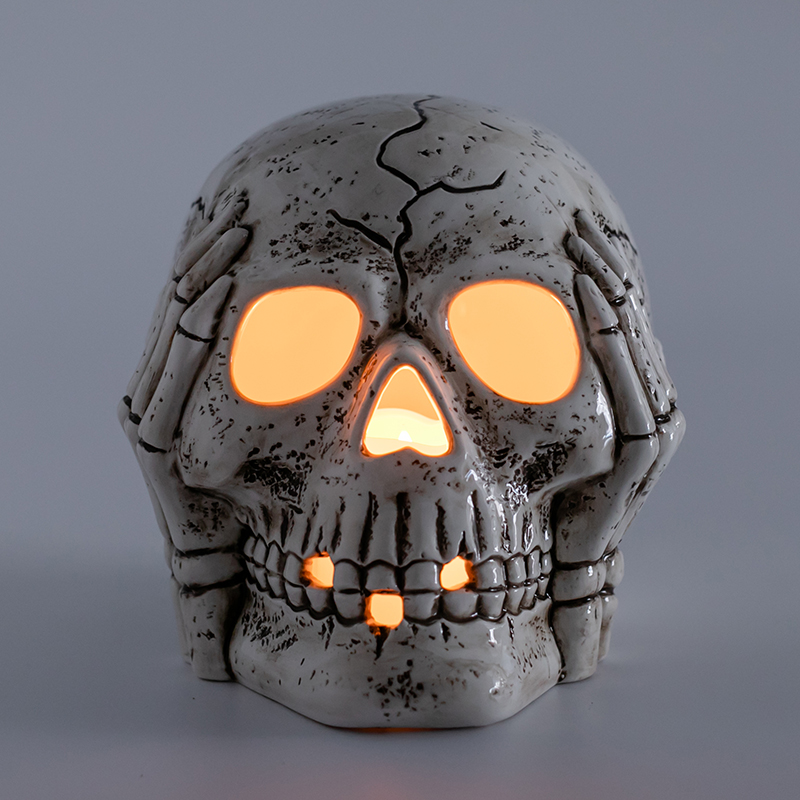 Halloween Ceramic Skull Lantern with Led Candle