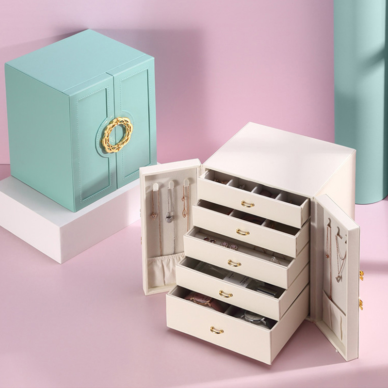 Style Fresh Simple Girl Earrings Ring Multi-function Cabinet Shaped Double Door Jewelry Leather Display Storage Box