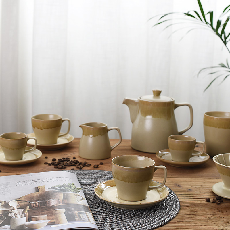 2020 Canton Fair Dehua ceramic inner and outer color reaction pitcher with trip embossed sugar milk jug cup and saucer
