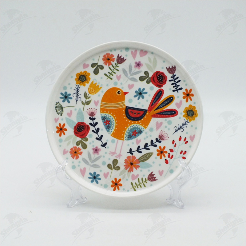 7" pizza plat with flower & bird design