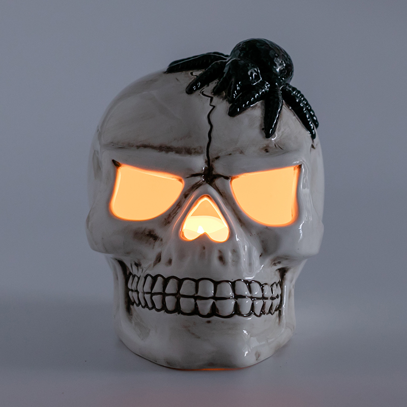 Halloween LED Ceramic Skull Lantern with Spider On Head