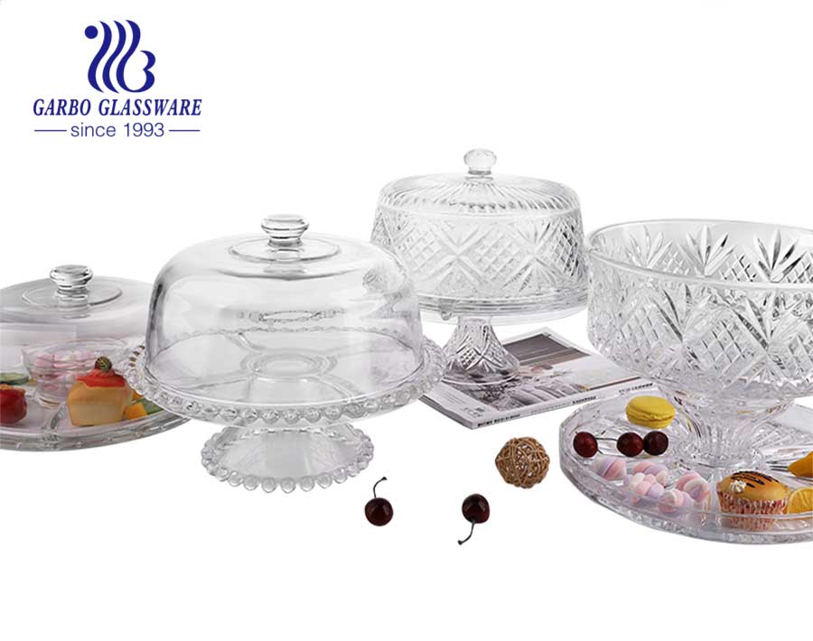 High-white footed glass cake plate with the engraved pattern for party hotel